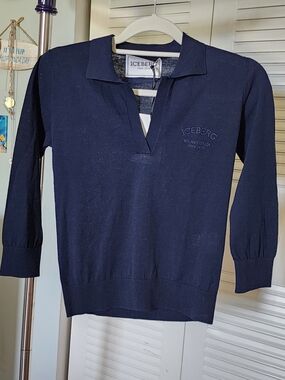 NWT Iceberg Women's Navy V-Neck Polo Cotten/Silk Sweater, Small PTP 17"